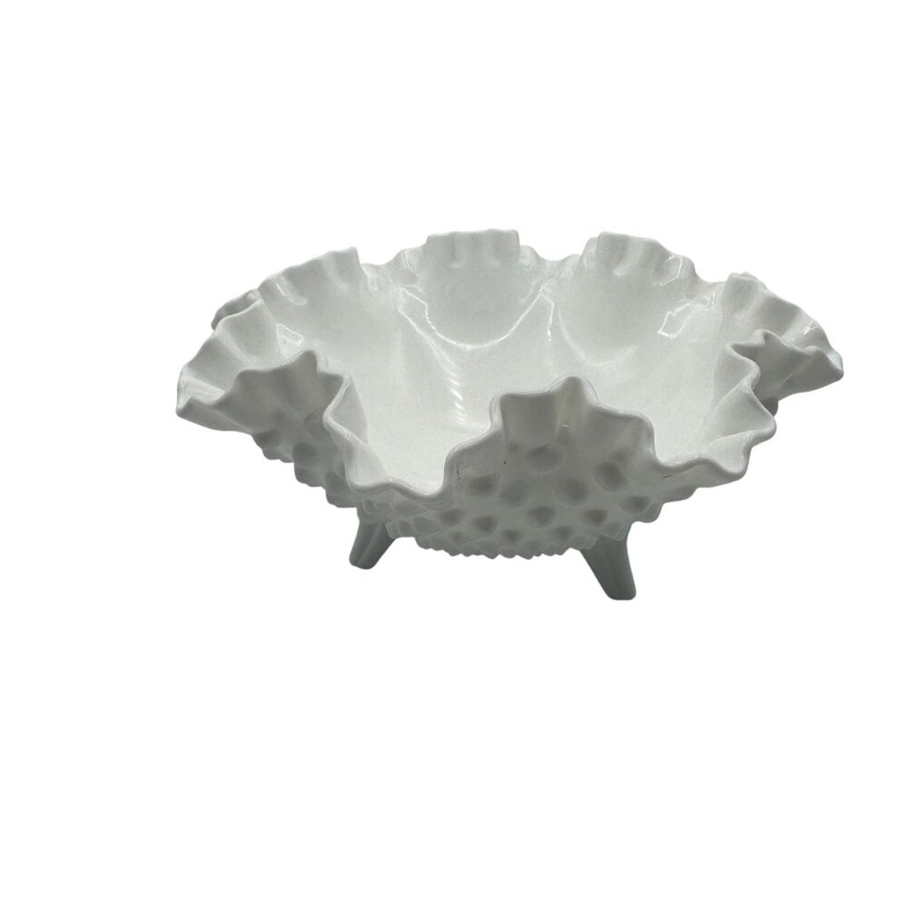 Vintage Footed Fenton Hobnail Milk Glass Candy Dish Crimped Edge